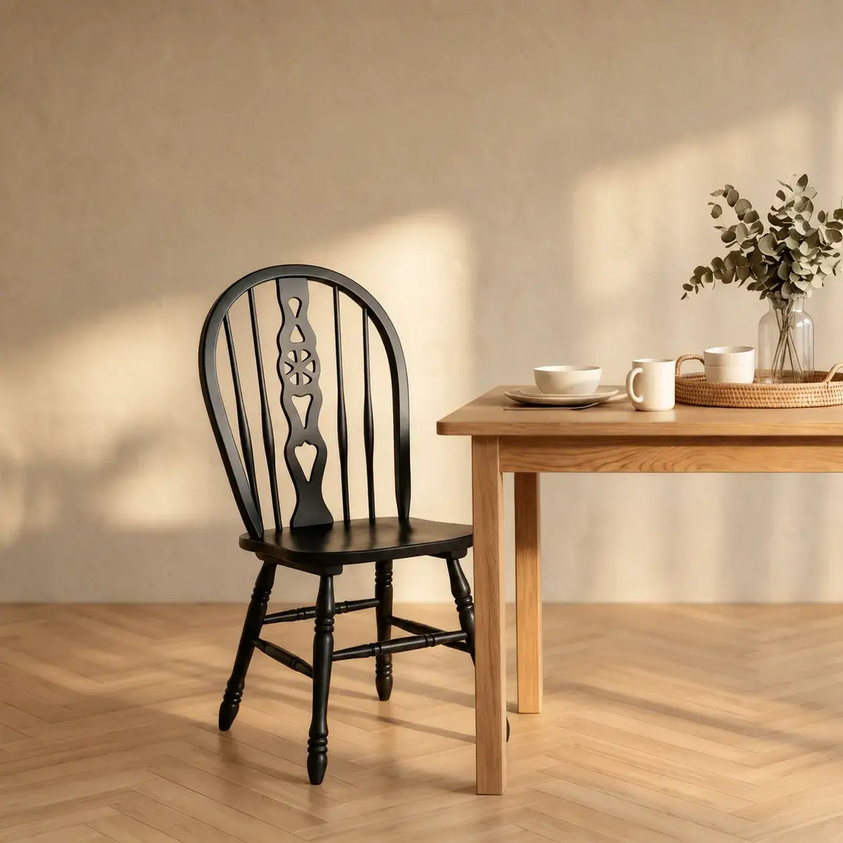 Carved Solid Wood Windsor Chair Series with Arched Back and Vintage Walnut Finish