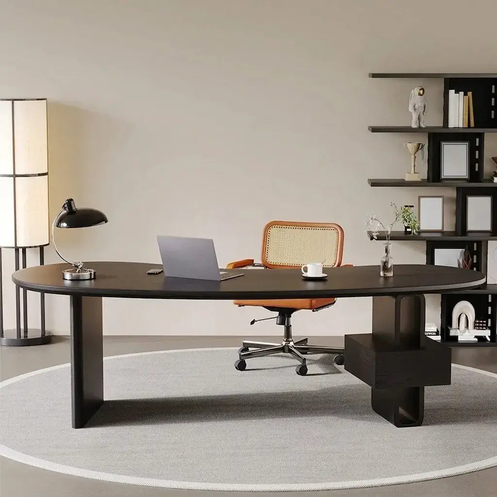 Cashew Curve Wooden Office Desk With Hidden Drawer and Sculptural Base