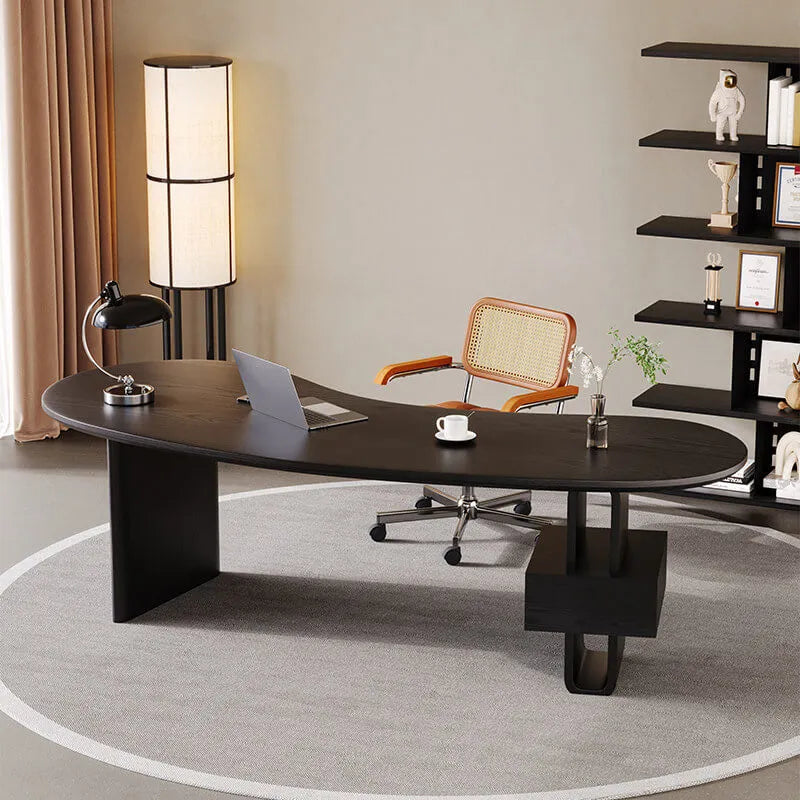 Cashew Curve Wooden Office Desk With Hidden Drawer and Sculptural Base