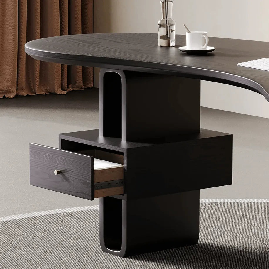 Cashew Curve Wooden Office Desk With Hidden Drawer and Sculptural Base