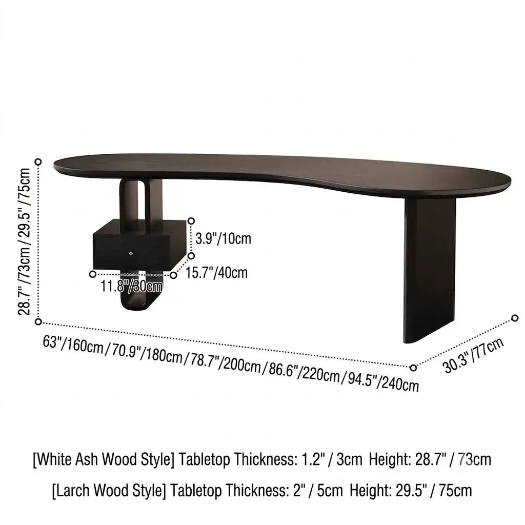 Cashew Curve Wooden Office Desk With Hidden Drawer and Sculptural Base Dimensions