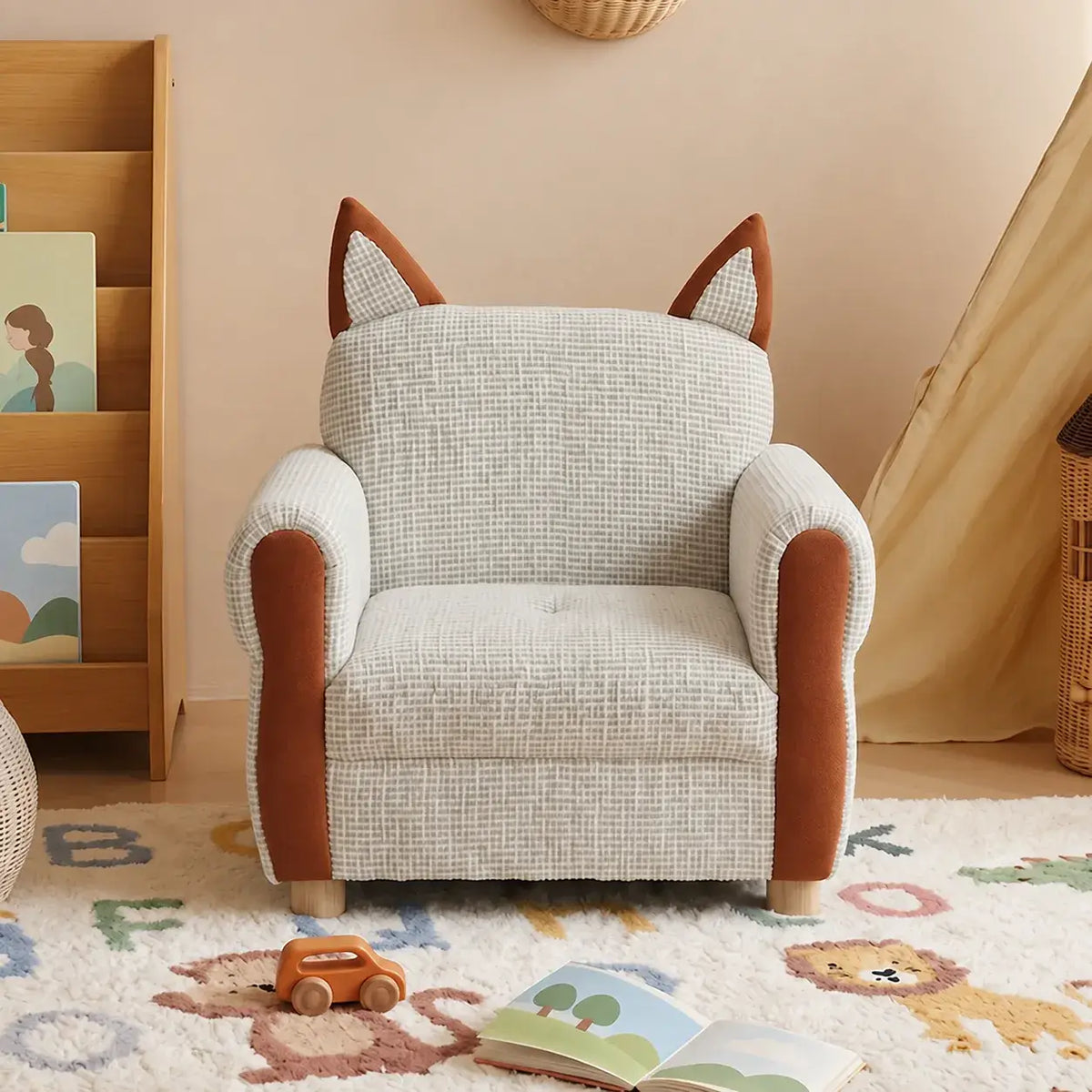 Cat Ear Kids Sofa Chair in Cream Boucle for Reading Corners