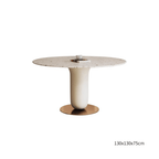 Round terrazzo dining table featuring a stylish wooden and metal base for elegant interiors