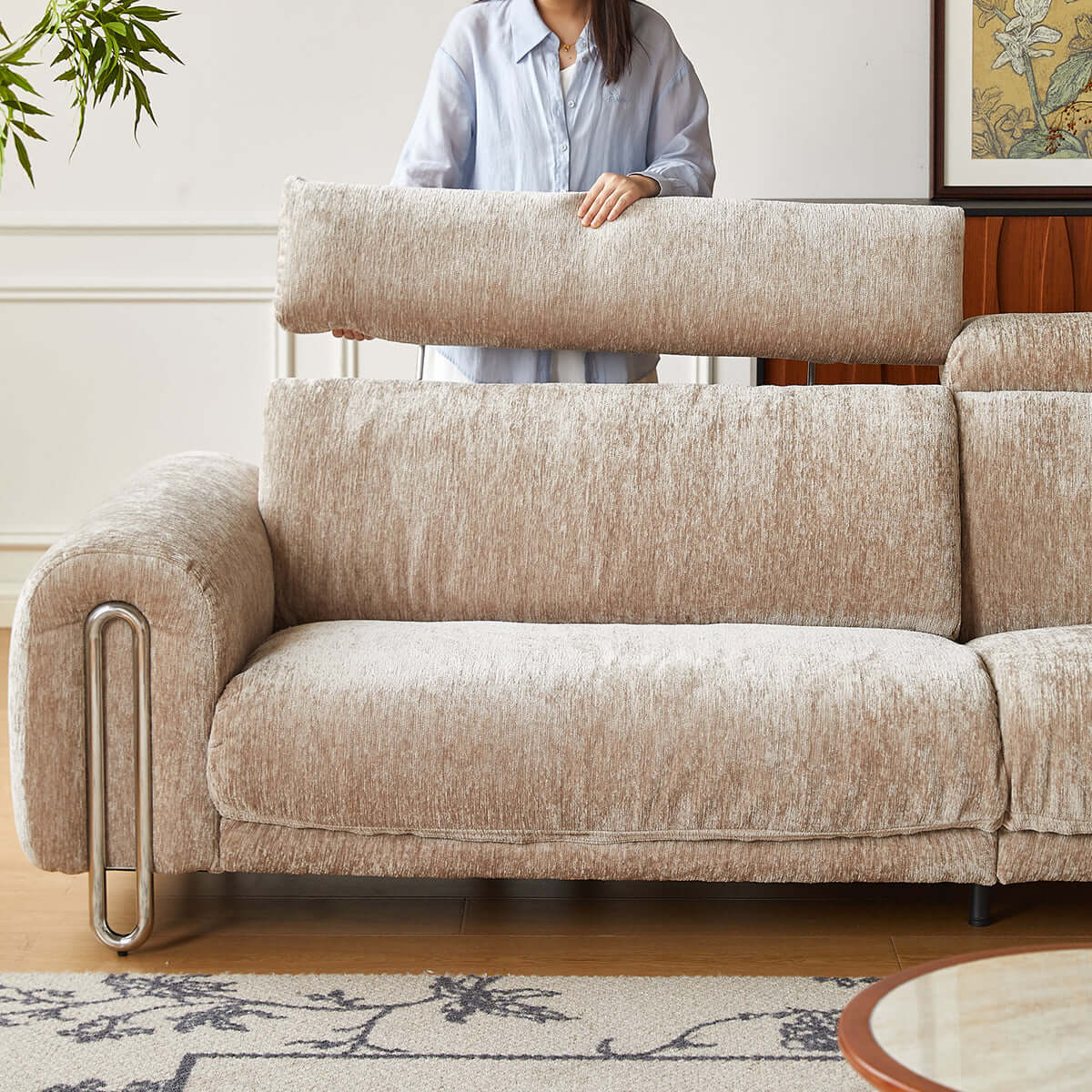 Contemporary chenille lounge sofa featuring a removable couch cover for easy cleaning