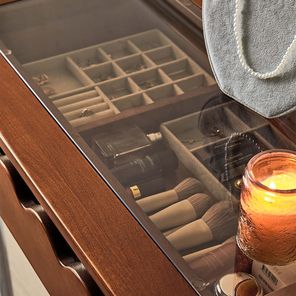 Solid wood makeup table with cabinet and LED mirror, freely combinable for personalized setup