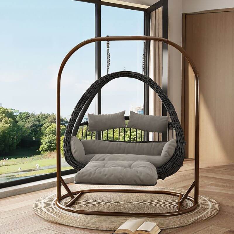 Cocoa metal 2-seater porch swing egg chair with stand, cushions, and wear-resistant design