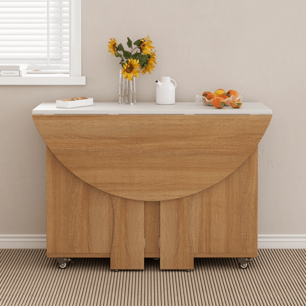 Round folding dining table with marble texture, perfect for small homes and space-saving design