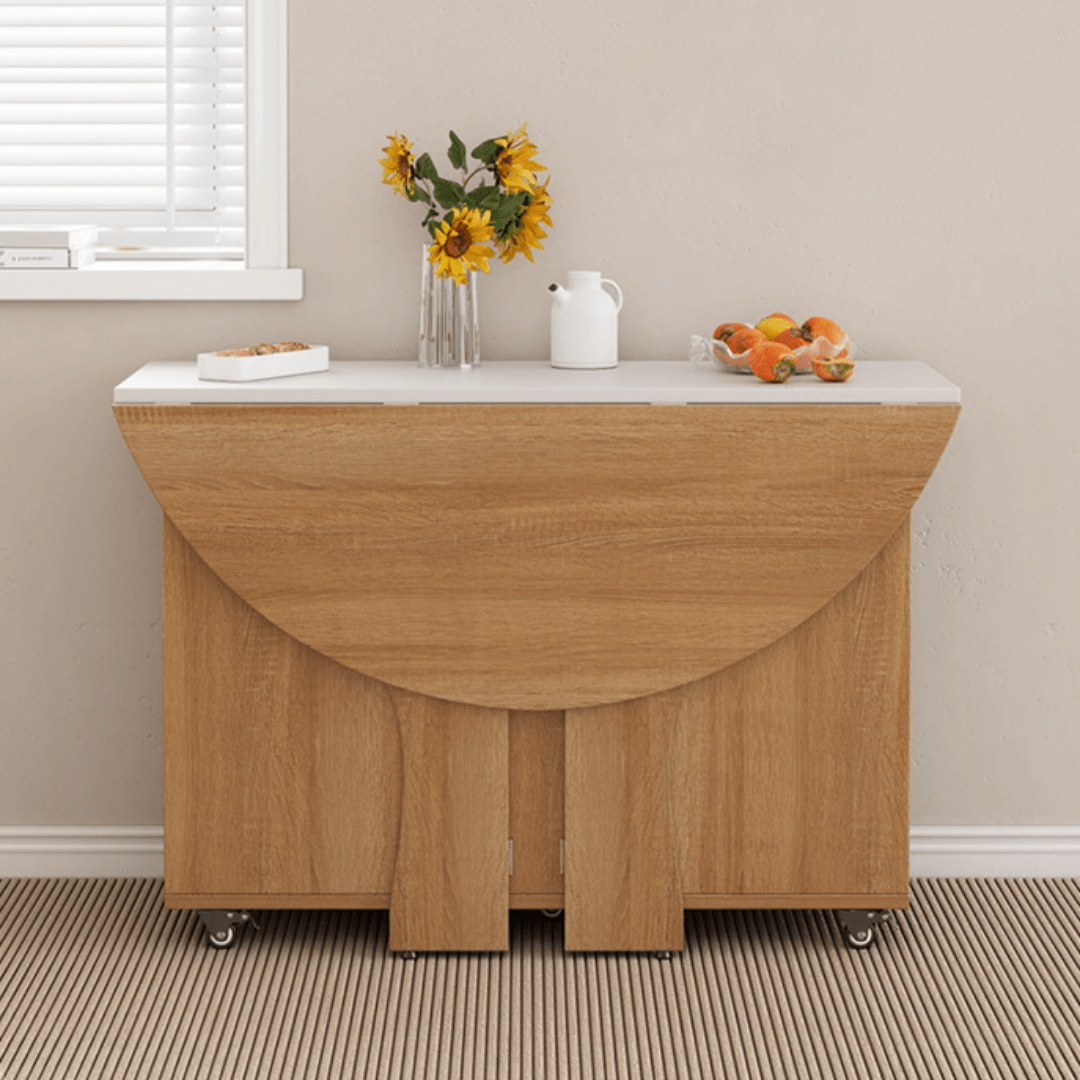 Round folding dining table with marble texture, perfect for small homes and space-saving design