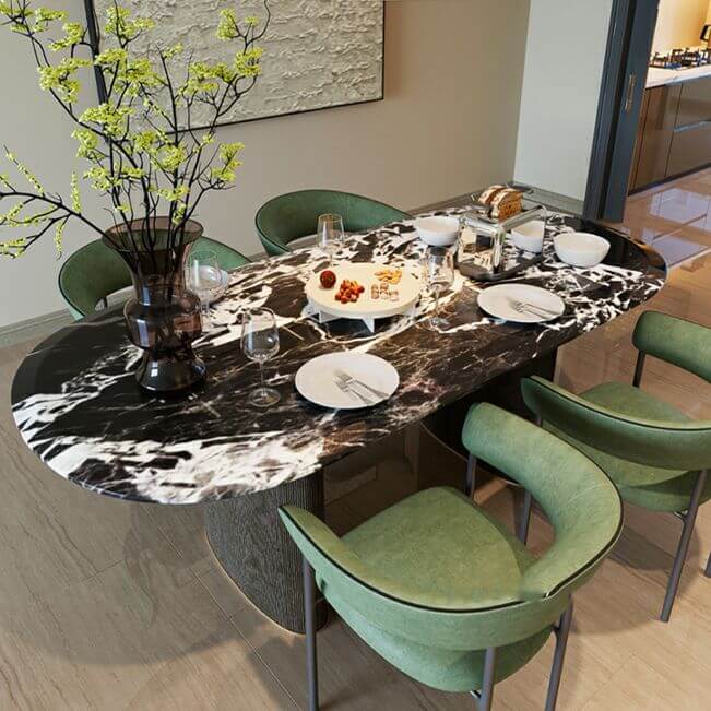 Modern oval black marble dining table with double pedestal base for stylish dining rooms main product image Hauptbild