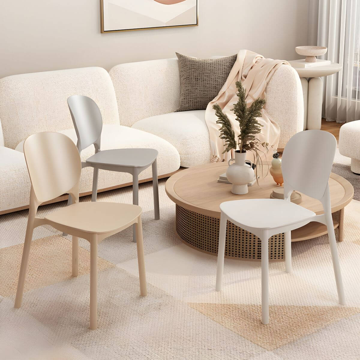 Stackable Scandinavian side chair with open back made of plastic and acrylic for dining