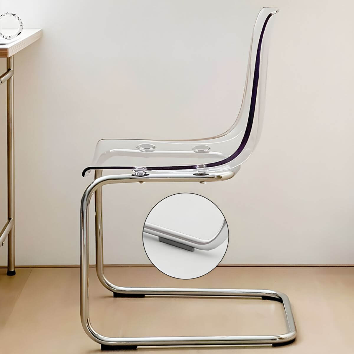 Scandinavian style plastic and acrylic dining side chair with silver legs, non-upholstered design