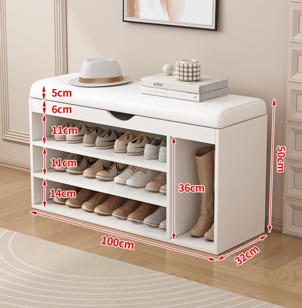 Modern white and orange shoe bench with upholstered seat and space-saving storage
