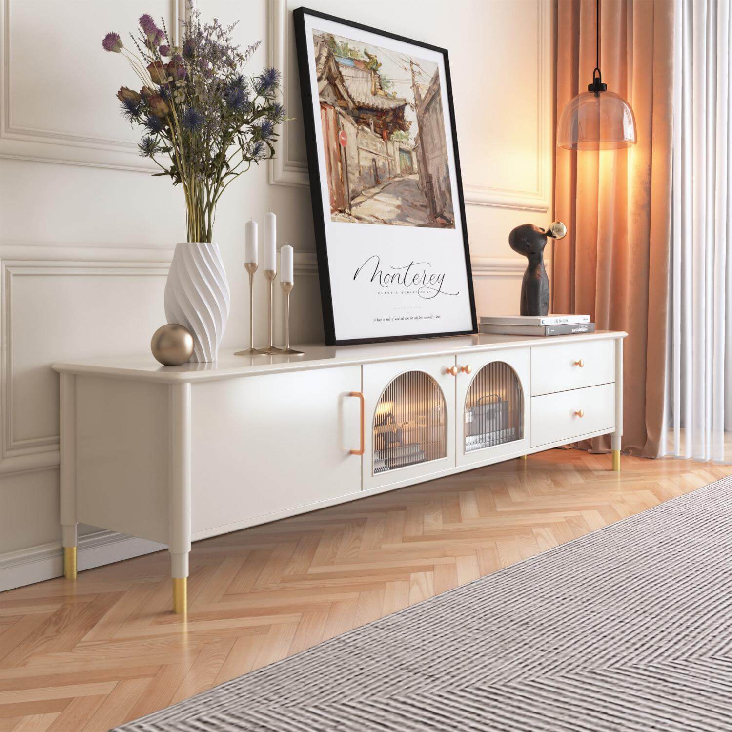 Modern wood TV stand cabinet featuring a glass door for stylish storage and display