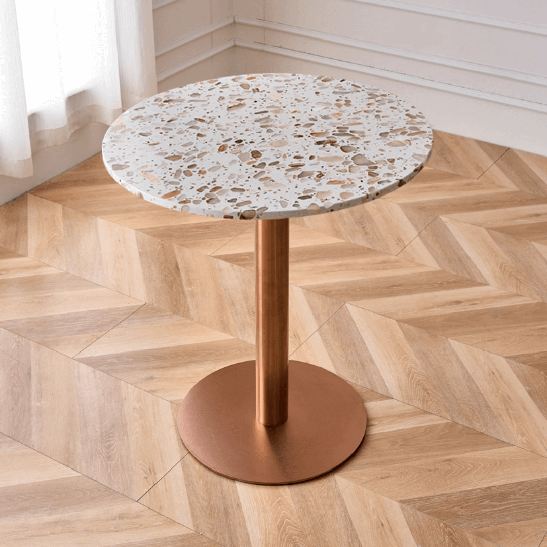 Modern marble table with sturdy metal base, perfect for adding a timeless aesthetic to any space