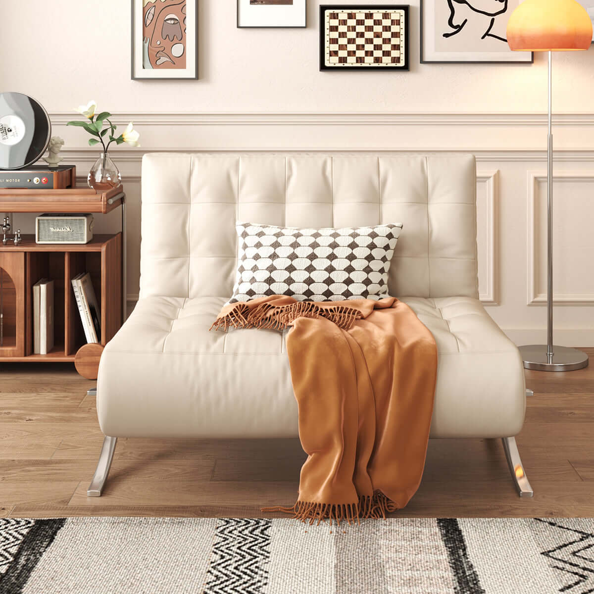 Retro leather Barcelona sofa chair with metal legs, featuring a lazy design for comfort