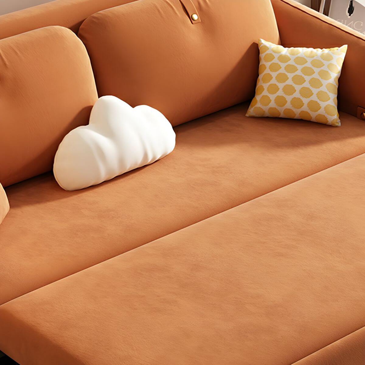 Orange polyester blend sleeper sofa with scratch-resistant surface and detachable mattress futons