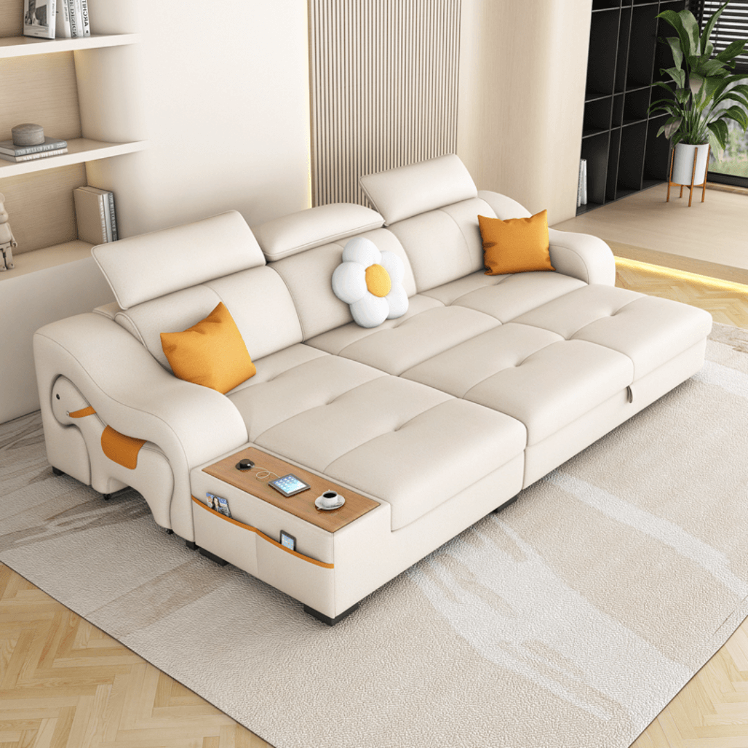 Space-saving sofa bed with a cute pony stool, perfect transformable furniture for small spaces