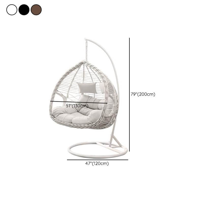 Metal upholstered porch swing egg chair with stand and chain, seating for two in cocoa and cream colors