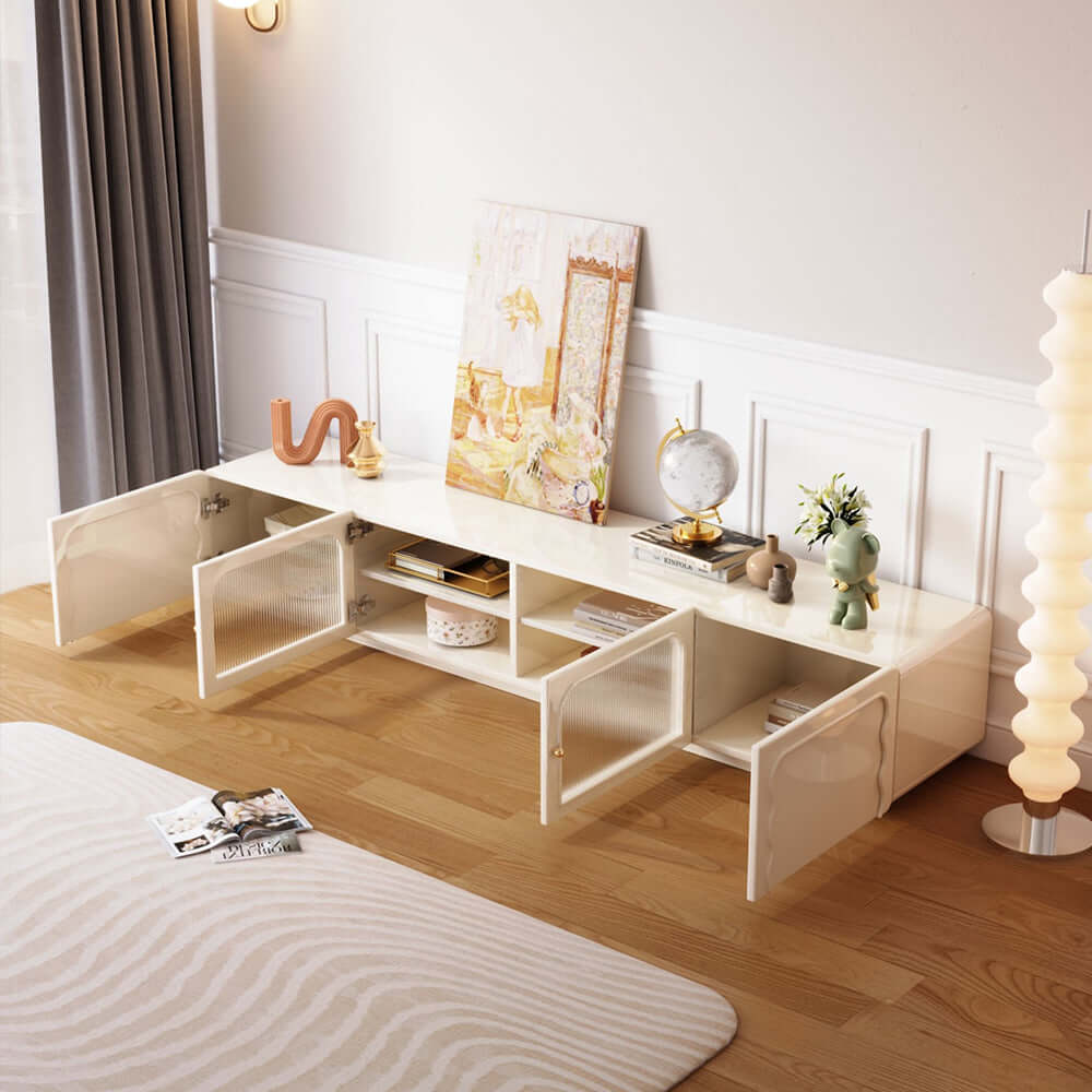 Beige rectangular TV stand measuring 78.7 inches with 4 doors and ample storage space