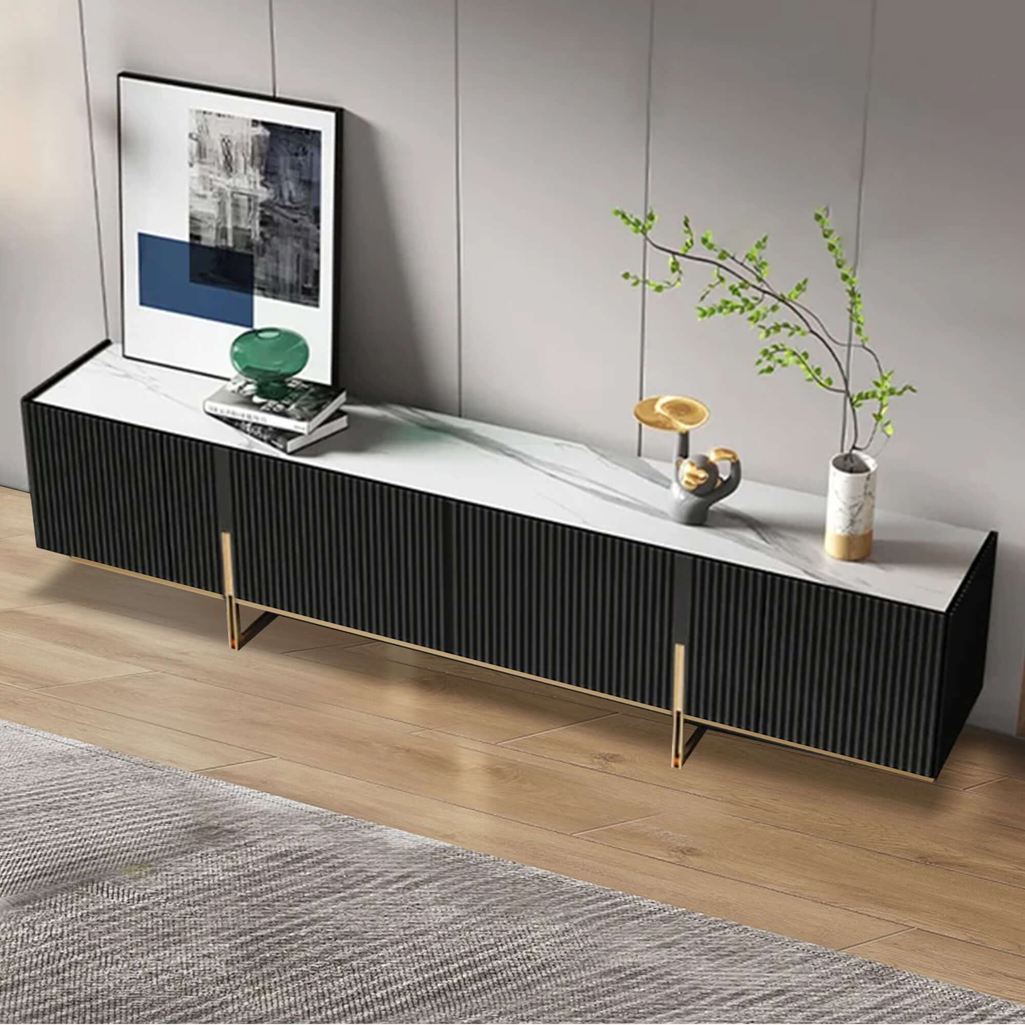 86.6-inch media console TV stand with faux marble top and storage, fits TVs up to 88 inches