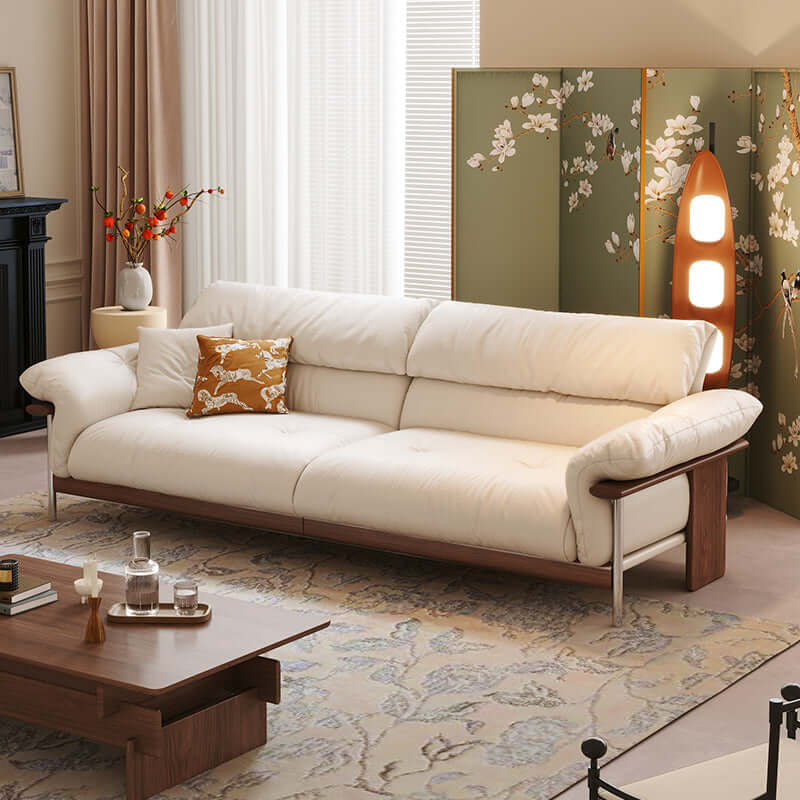 Three-seater sofa with straight-line design and top-grain leather upholstery