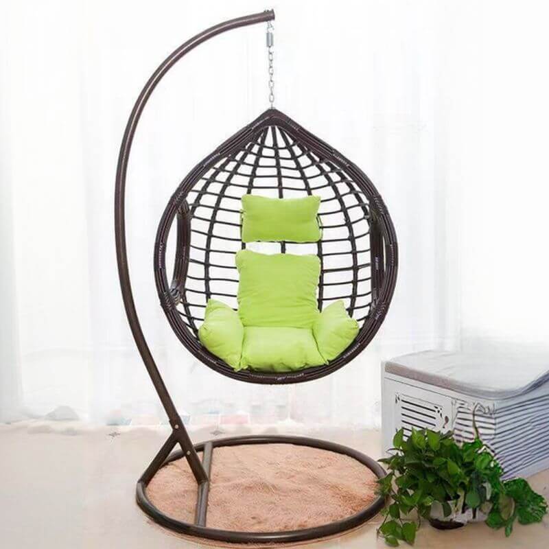 Two-seater metal porch swing egg chair with stand, cushions, and chain included