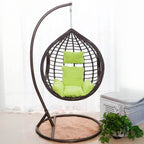 Two-seater metal porch swing egg chair with stand, cushions, and chain included