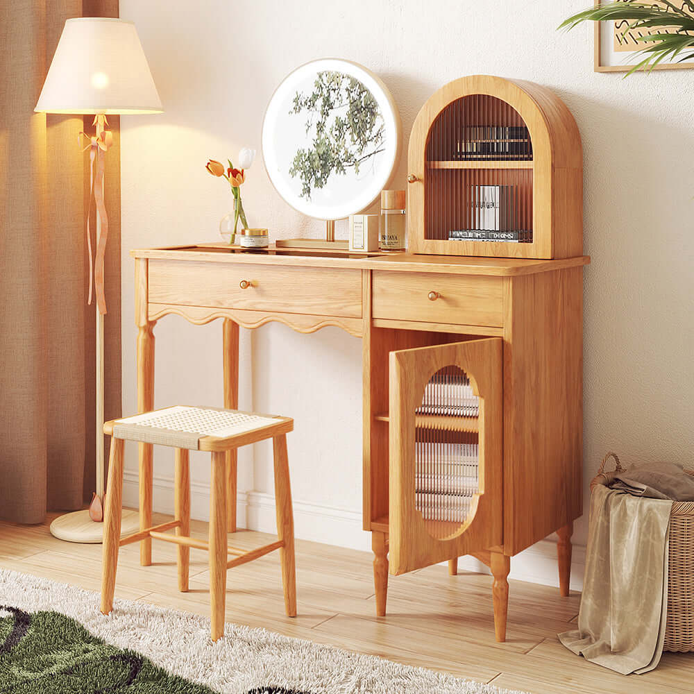 Wooden makeup vanity set featuring jewelry storage and a side cabinet for organization