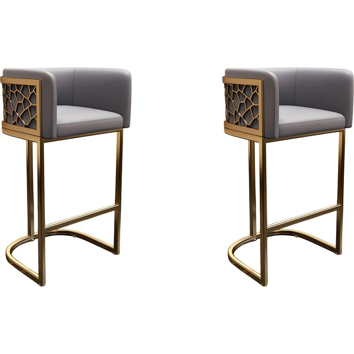 Champagne Gold Leather Bar Stool With Geometric Cutout Arms and Footrest