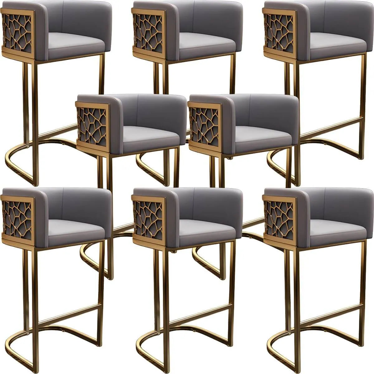 Champagne Gold Leather Bar Stool With Geometric Cutout Arms and Footrest