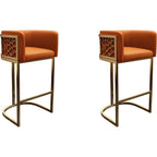 Champagne Gold Leather Bar Stool With Geometric Cutout Arms and Footrest