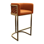 Champagne Gold Leather Bar Stool With Geometric Cutout Arms and Footrest