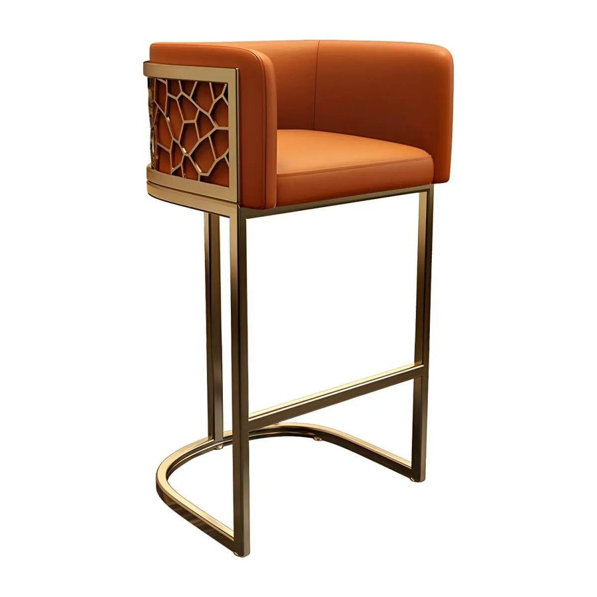 Champagne Gold Leather Bar Stool With Geometric Cutout Arms and Footrest