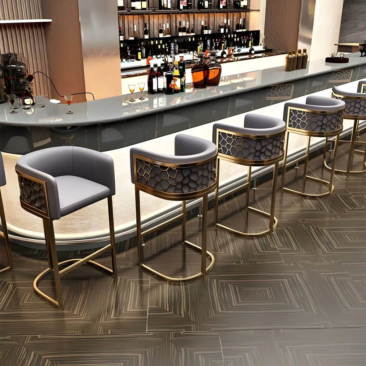 Champagne Gold Leather Bar Stool With Geometric Cutout Arms and Footrest