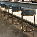 Champagne Gold Leather Bar Stool With Geometric Cutout Arms and Footrest