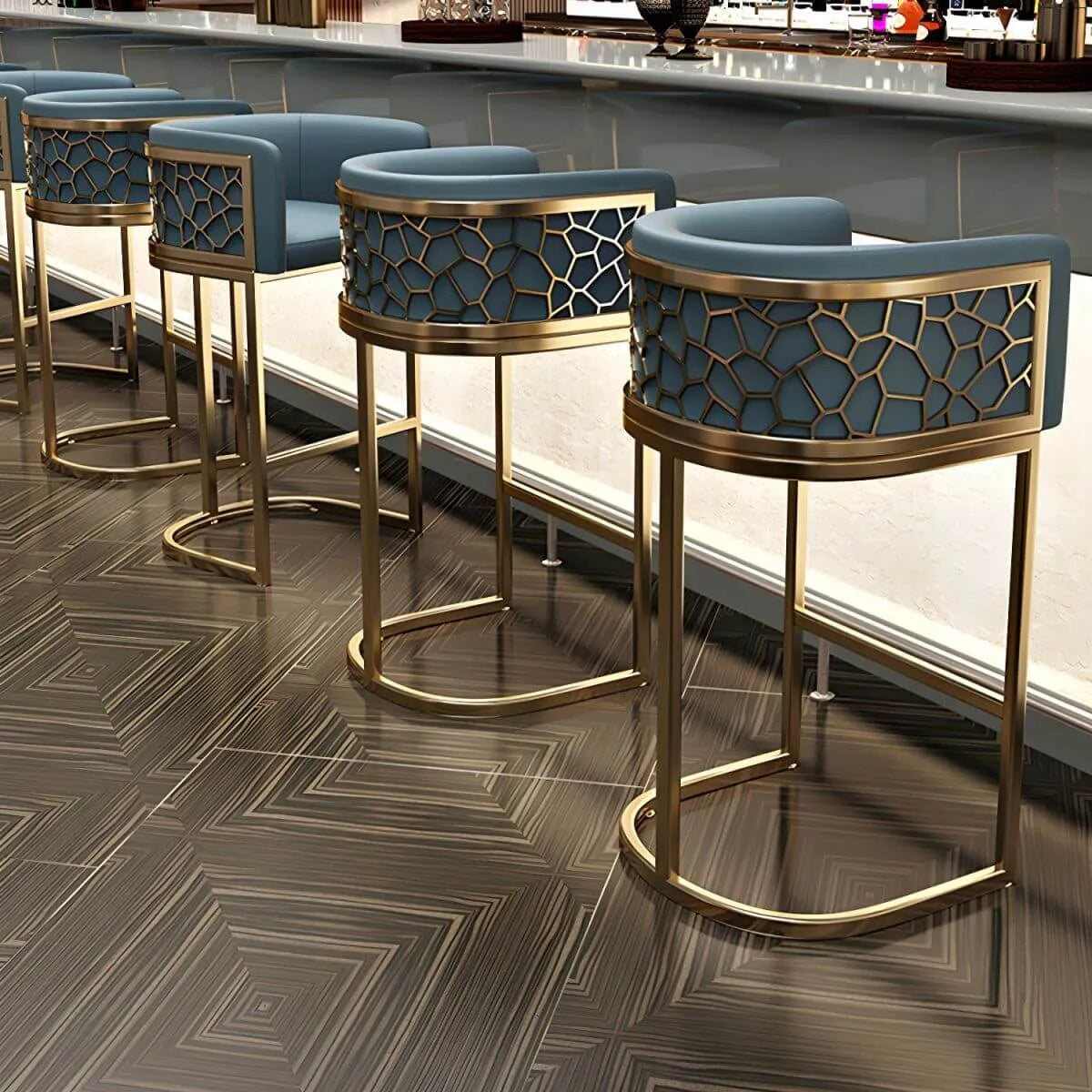 Champagne Gold Leather Bar Stool With Geometric Cutout Arms and Footrest