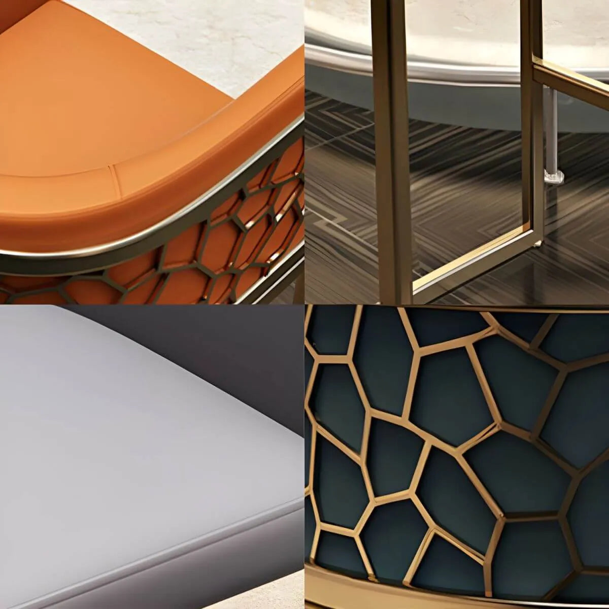 Champagne Gold Leather Bar Stool With Geometric Cutout Arms and Footrest