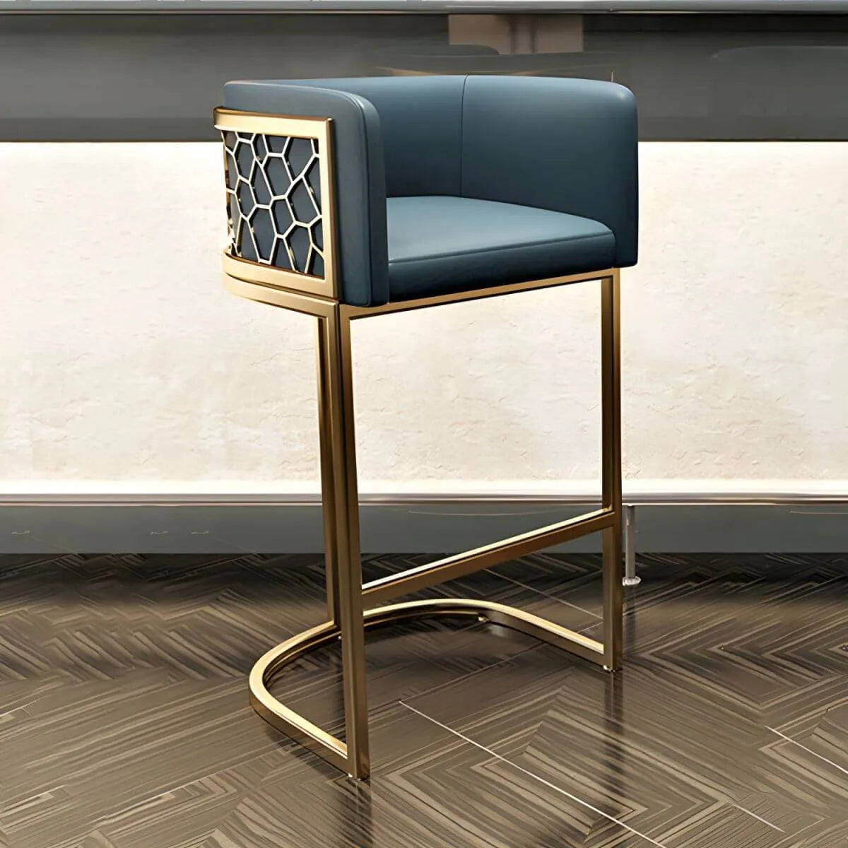 Champagne Gold Leather Bar Stool With Geometric Cutout Arms and Footrest