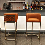 Champagne Gold Leather Bar Stool With Geometric Cutout Arms and Footrest