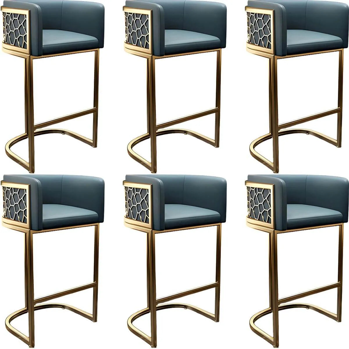 Champagne Gold Leather Bar Stool With Geometric Cutout Arms and Footrest