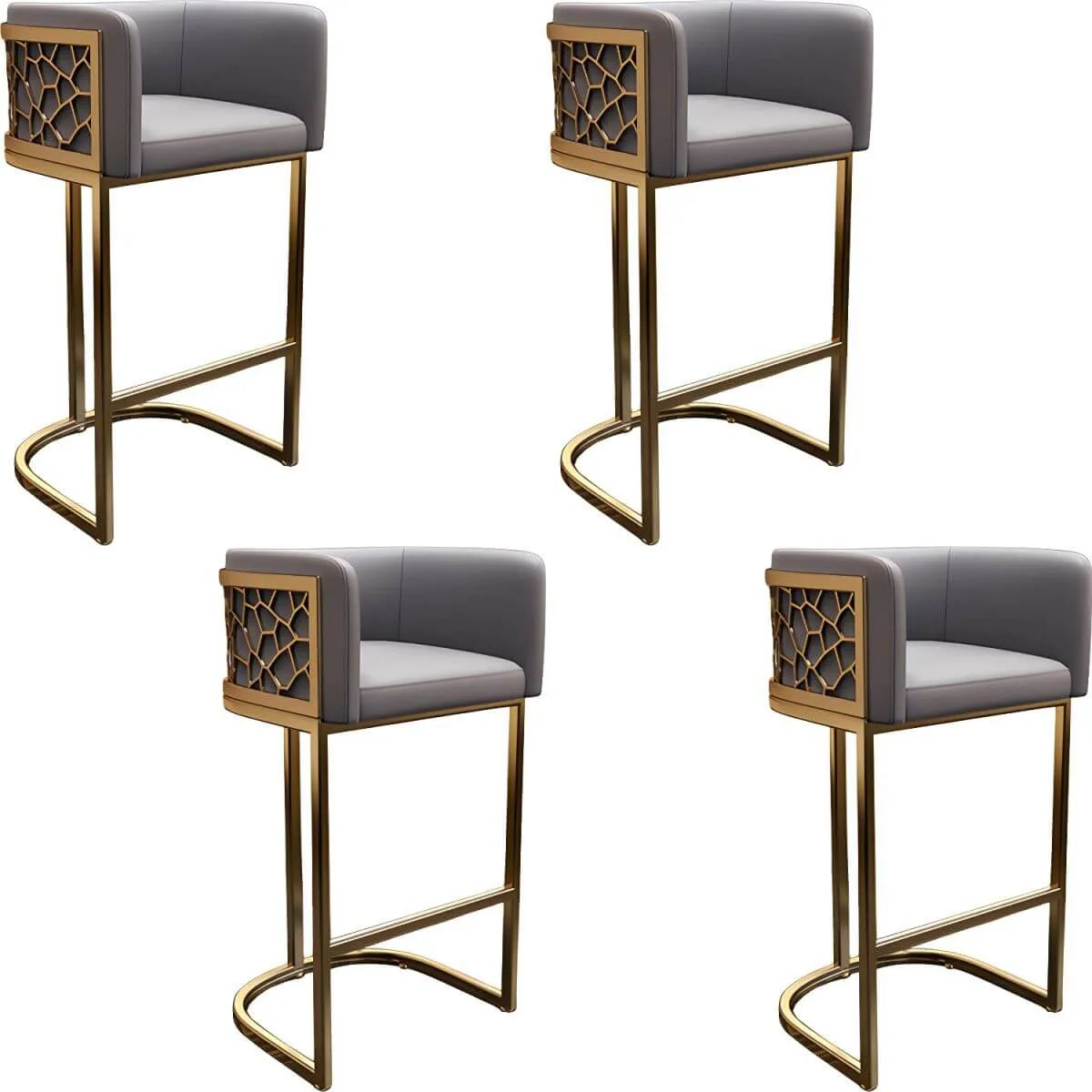 Champagne Gold Leather Bar Stool With Geometric Cutout Arms and Footrest