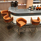 Champagne Gold Leather Bar Stool With Geometric Cutout Arms and Footrest
