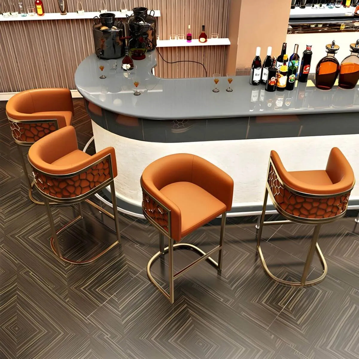 Champagne Gold Leather Bar Stool With Geometric Cutout Arms and Footrest