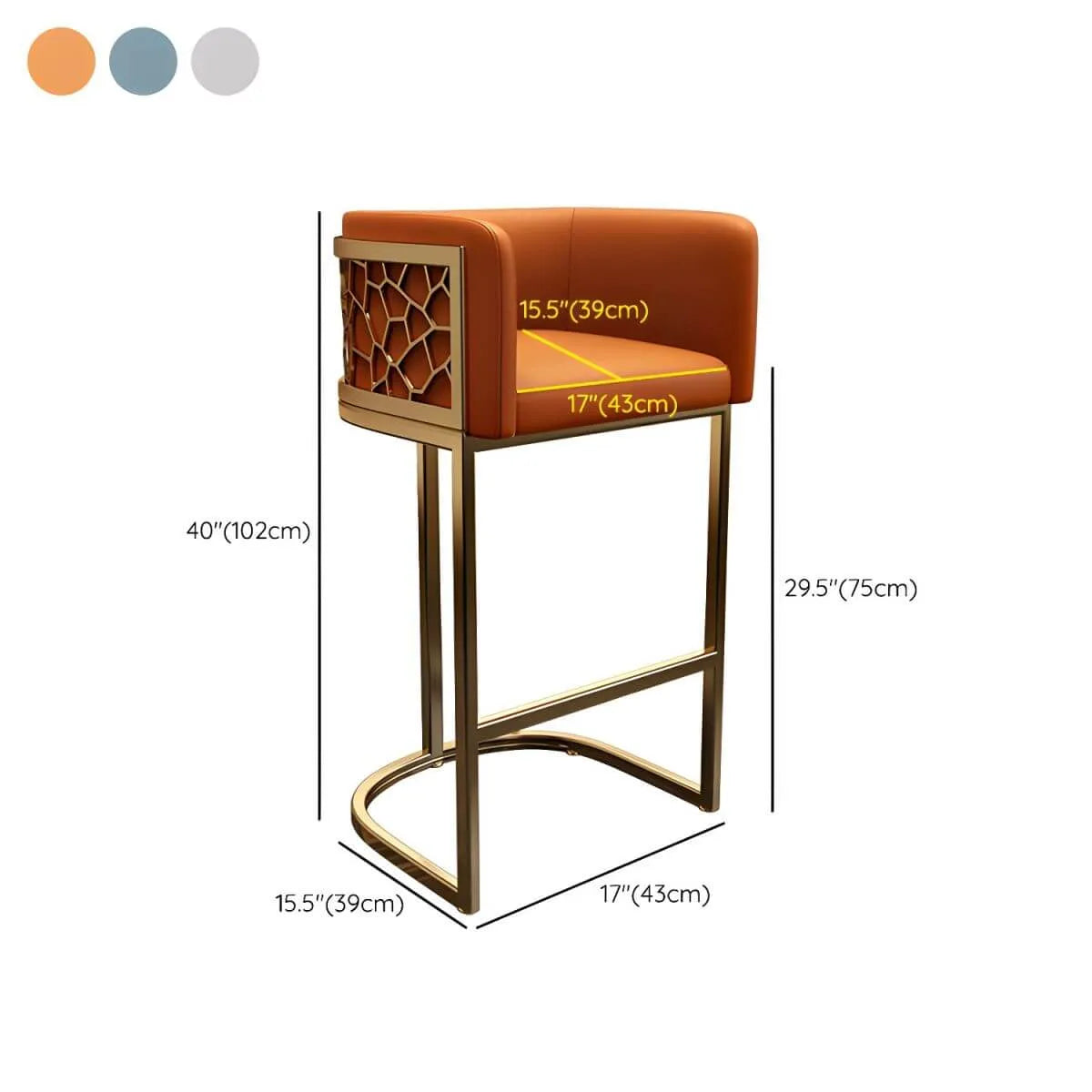 Champagne Gold Leather Bar Stool With Geometric Cutout Arms and Footrest