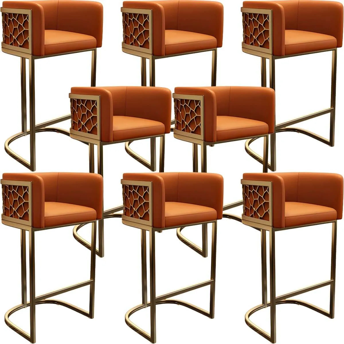 Champagne Gold Leather Bar Stool With Geometric Cutout Arms and Footrest