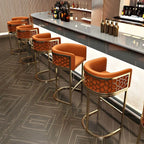 Champagne Gold Leather Bar Stool With Geometric Cutout Arms and Footrest