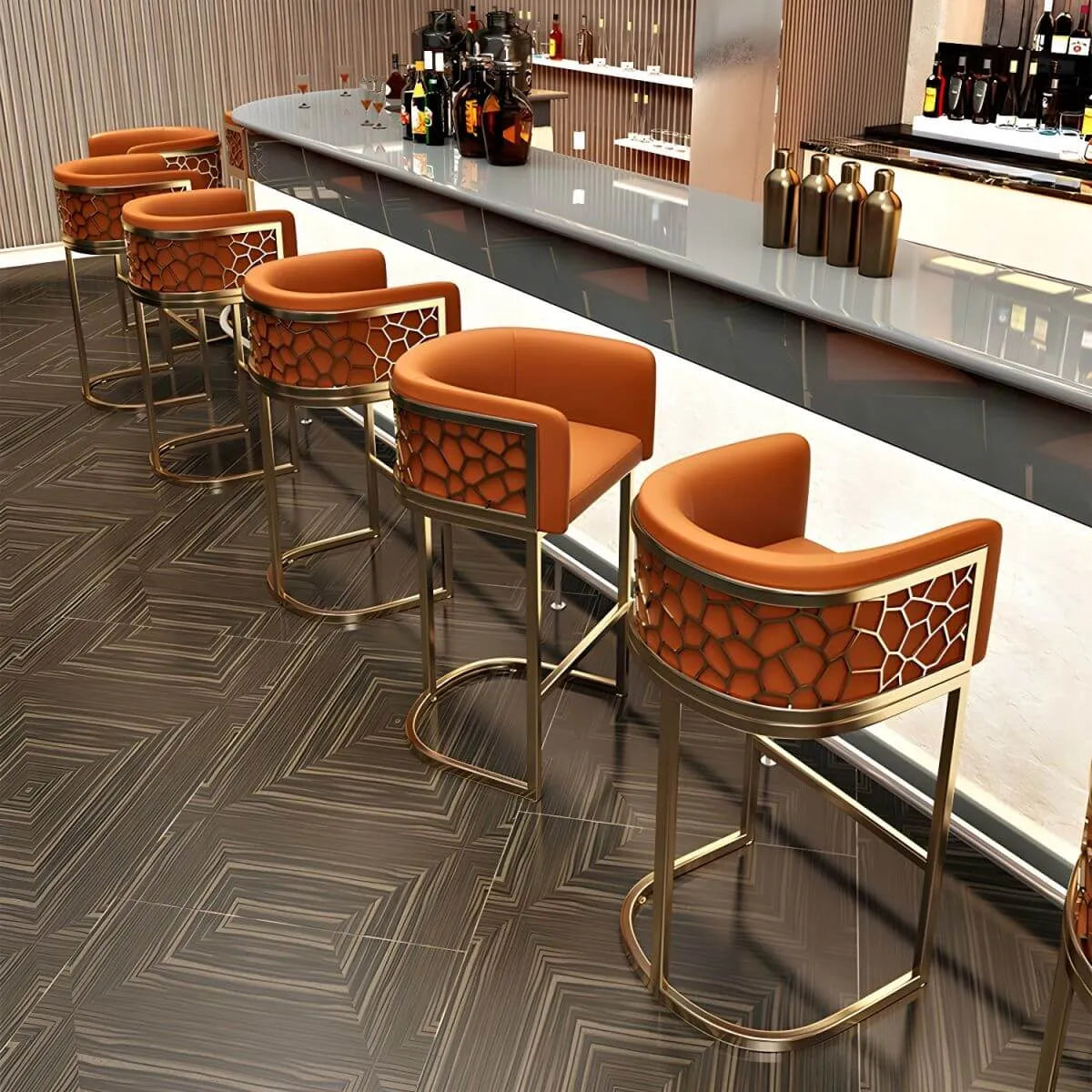 Champagne Gold Leather Bar Stool With Geometric Cutout Arms and Footrest