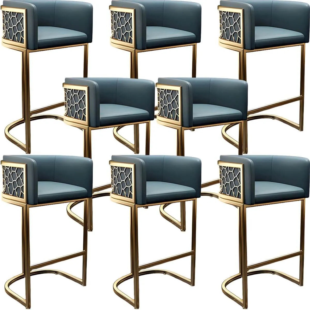 Champagne Gold Leather Bar Stool With Geometric Cutout Arms and Footrest