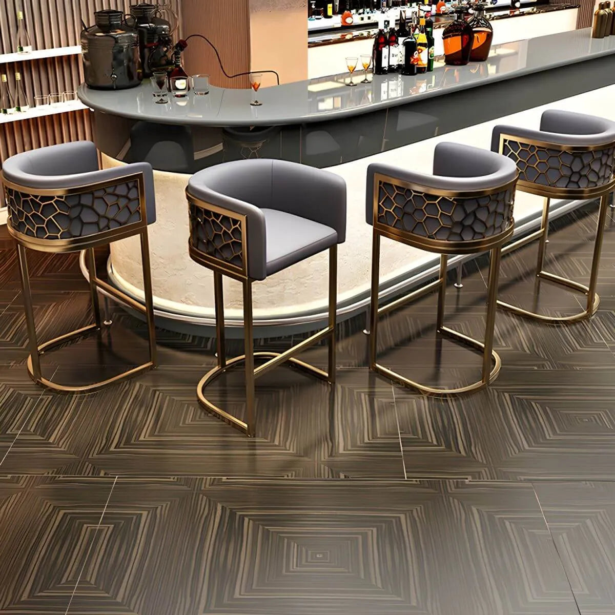 Champagne Gold Leather Bar Stool With Geometric Cutout Arms and Footrest