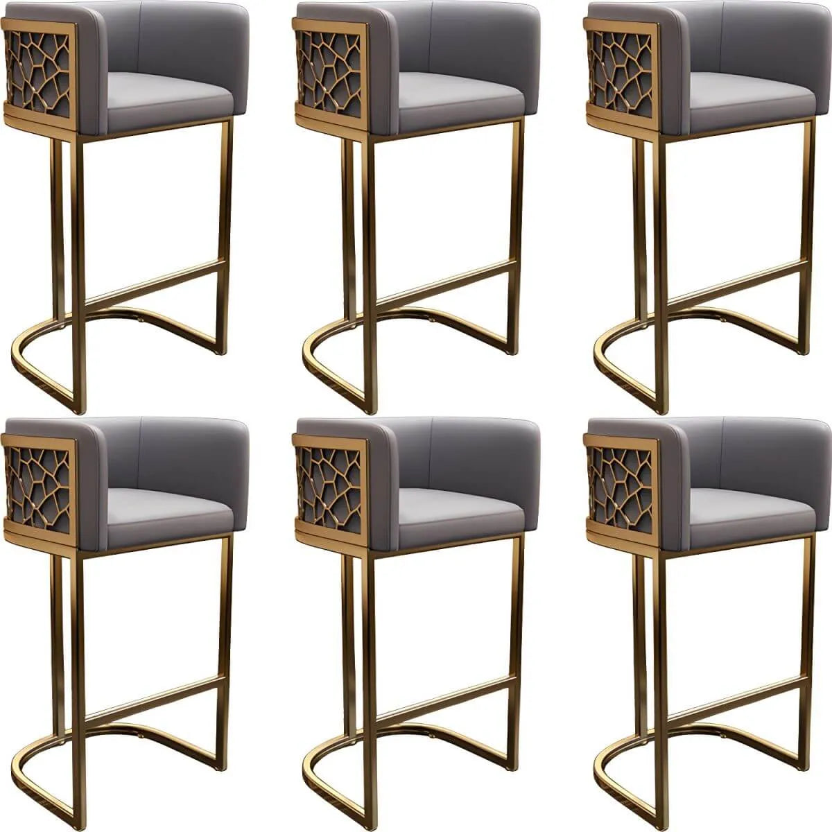 Champagne Gold Leather Bar Stool With Geometric Cutout Arms and Footrest